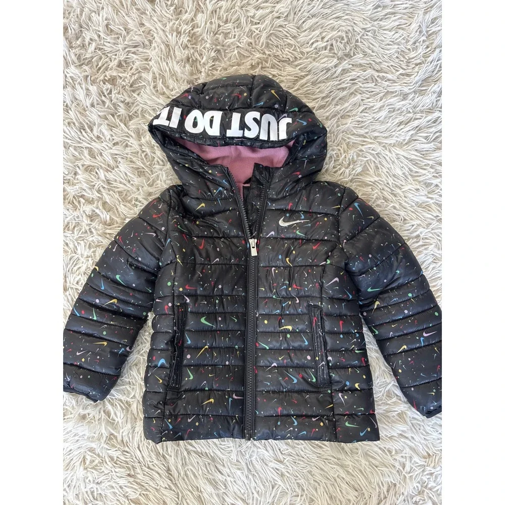 Nike Toddler Girls‎ Black Multi-Color Swoosh Puffer Jacket Hooded 2T Just Do It